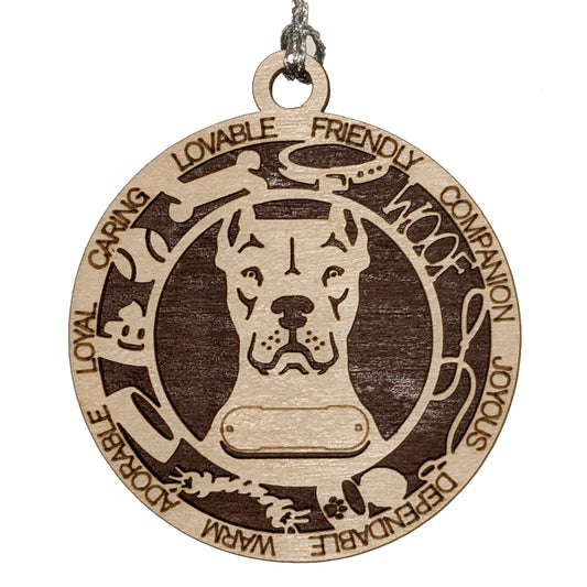 Personalized Dogo Argentino Christmas Ornament - 3" Round, 2-Layer Laser Cut Wood - Custom Dog Name & Text - Handcrafted in USA - Choose Background Color/Print - Perfect Holiday Gift for Dog Lovers