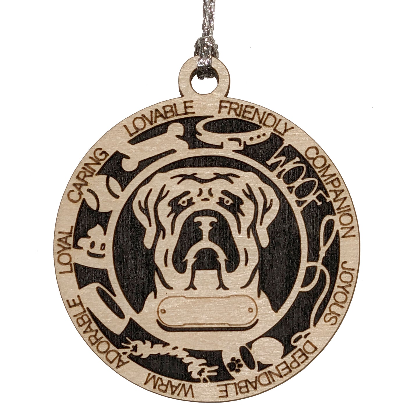 Personalized English Mastiff Dog Christmas Ornament, 3" Round, 2-Layer Laser Cut Wood, Customizable Name Tag & Text, Handcrafted in USA, Choose Background Color/Print, Perfect Holiday Gift!