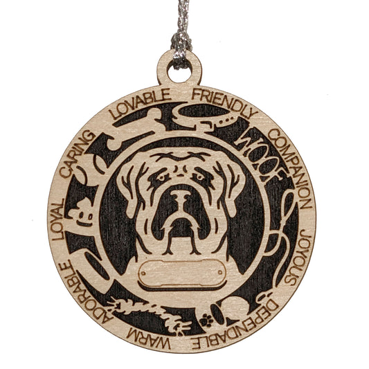 Personalized English Mastiff Dog Christmas Ornament, 3" Round, 2-Layer Laser Cut Wood, Customizable Name Tag & Text, Handcrafted in USA, Choose Background Color/Print, Perfect Holiday Gift!