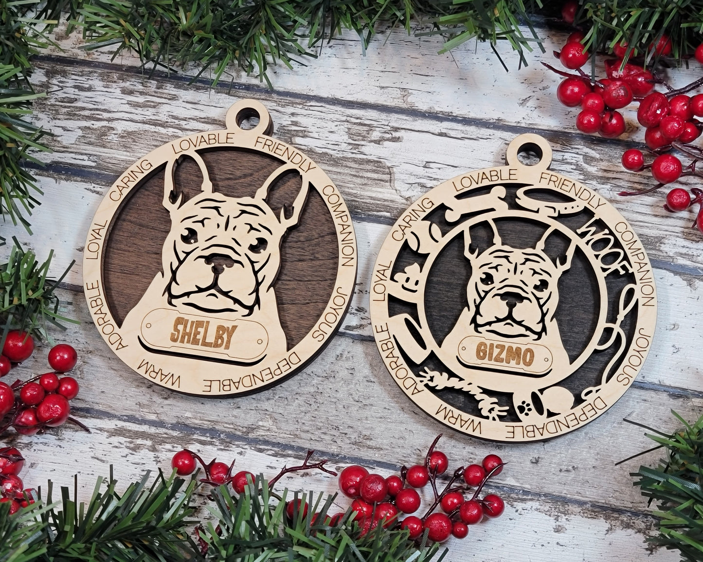 Personalized French Bulldog Christmas Ornament - 3" Round, 2-Layer Laser Cut Wood - Custom Dog Name & Text - Handcrafted in USA - Choose Colorful Backgrounds - Perfect Holiday Gift for Pet Lovers