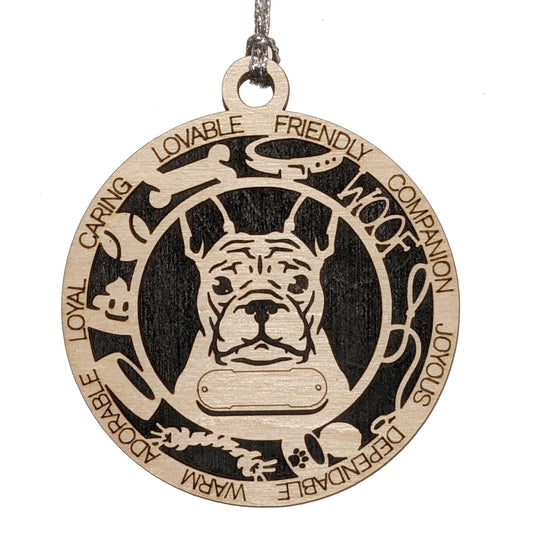 Personalized French Bulldog Christmas Ornament - 3" Round, 2-Layer Laser Cut Wood - Custom Dog Name & Text - Handcrafted in USA - Choose Colorful Backgrounds - Perfect Holiday Gift for Pet Lovers