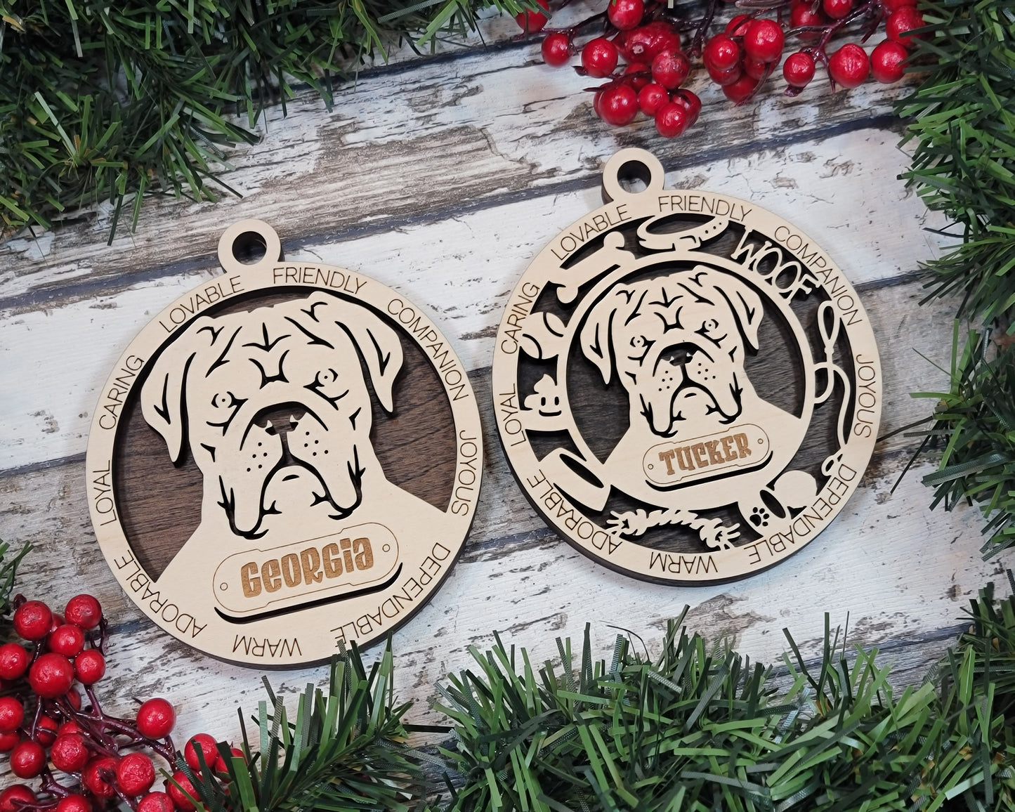 Personalized 3" Round Wooden Dog Christmas Ornament - French Mastiff Design - Customizable Name & Text - 2 Layer Laser Cut - Natural Wood & Color Options - Handcrafted in USA - Perfect Gift!