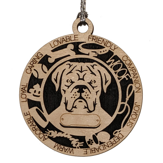 Personalized 3" Round Wooden Dog Christmas Ornament - French Mastiff Design - Customizable Name & Text - 2 Layer Laser Cut - Natural Wood & Color Options - Handcrafted in USA - Perfect Gift!