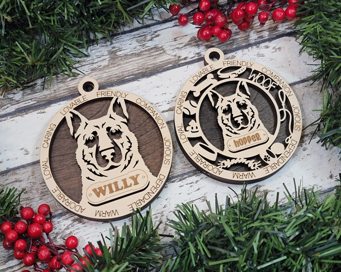 Personalized German Shepherd Dog Christmas Ornament, 3" Round Laser Cut, 2 Layer Wooden Design, Customizable Name Tag & Text, Handcrafted in USA, Choose Background Color or Print, Perfect Gift!