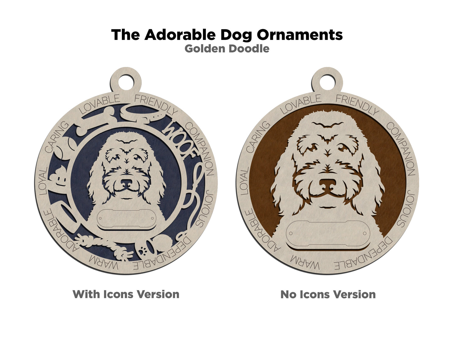 Personalized Golden Doodle Dog Christmas Ornament, 3" Round, 2-Layer Laser Cut Wood, Customizable Name Tag & Text, Handcrafted in USA, Choose Background Color/Print, Perfect Holiday Gift!