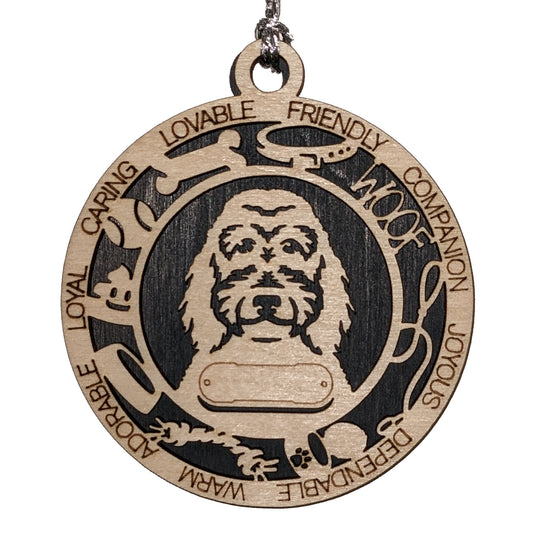 Personalized Golden Doodle Dog Christmas Ornament, 3" Round, 2-Layer Laser Cut Wood, Customizable Name Tag & Text, Handcrafted in USA, Choose Background Color/Print, Perfect Holiday Gift!