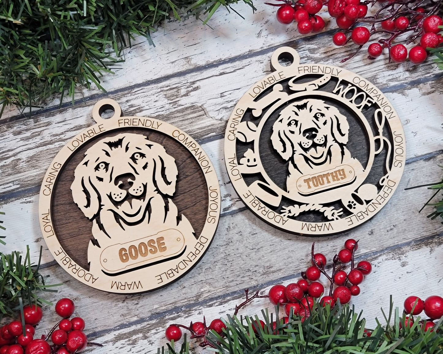 Personalized Golden Retriever Dog Christmas Ornament, 3" Round, 2-Layer Laser Cut Wood, Customizable Name Tag & Text, Handcrafted in USA, Choose Colorful Background, Perfect Holiday Gift!