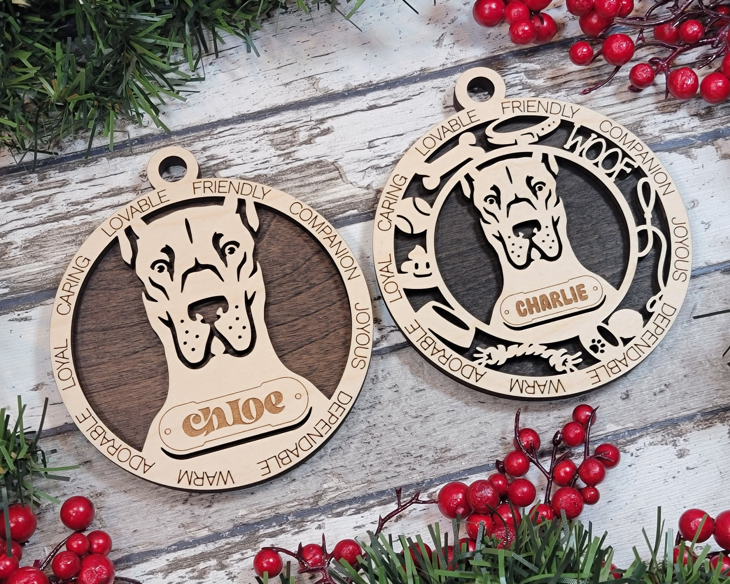 Personalized Great Dane Christmas Ornament - 3" Round, 2-Layer Laser Cut Wood - Custom Dog Name & Text - Handcrafted in USA - Choose Background Color/Print - Perfect Holiday Gift for Dog Lovers