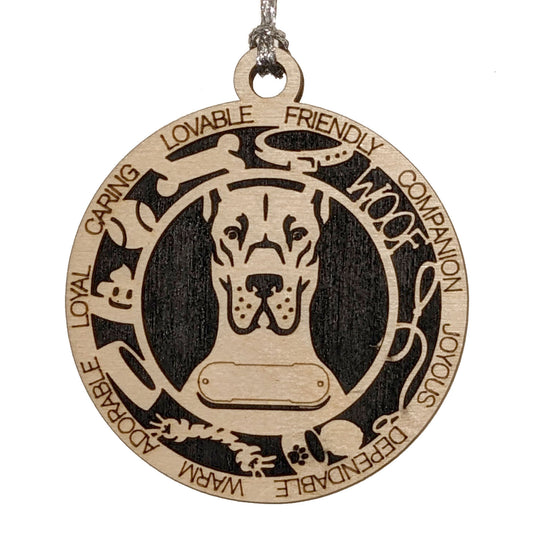 Personalized Great Dane Christmas Ornament - 3" Round, 2-Layer Laser Cut Wood - Custom Dog Name & Text - Handcrafted in USA - Choose Background Color/Print - Perfect Holiday Gift for Dog Lovers