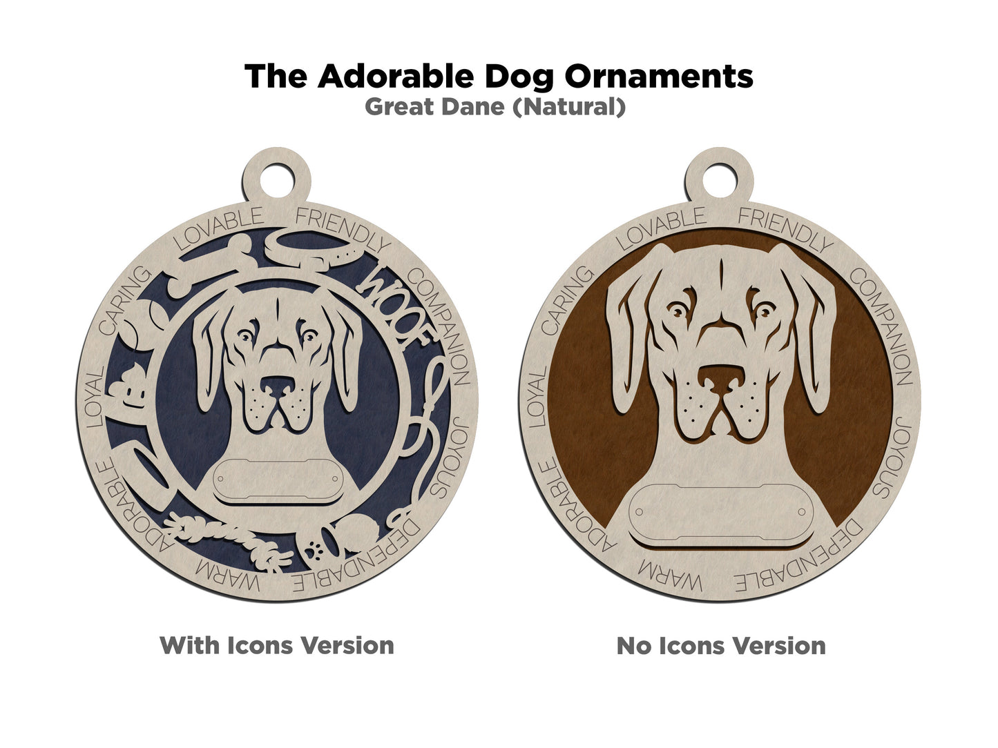 Personalized Great Dane Dog Christmas Ornament, 3" Round, 2-Layer Laser Cut Wood, Customizable Name Tag & Text, Handcrafted in USA, Natural Wood Top, Choice of Colored Background, Uncropped Ears
