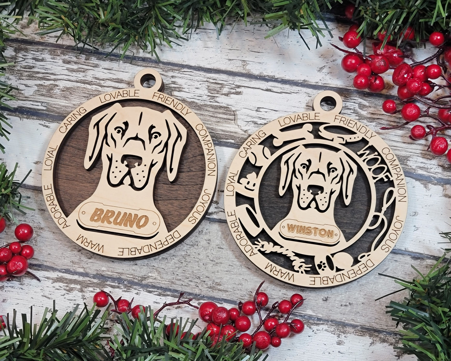 Personalized Great Dane Dog Christmas Ornament, 3" Round, 2-Layer Laser Cut Wood, Customizable Name Tag & Text, Handcrafted in USA, Natural Wood Top, Choice of Colored Background, Uncropped Ears