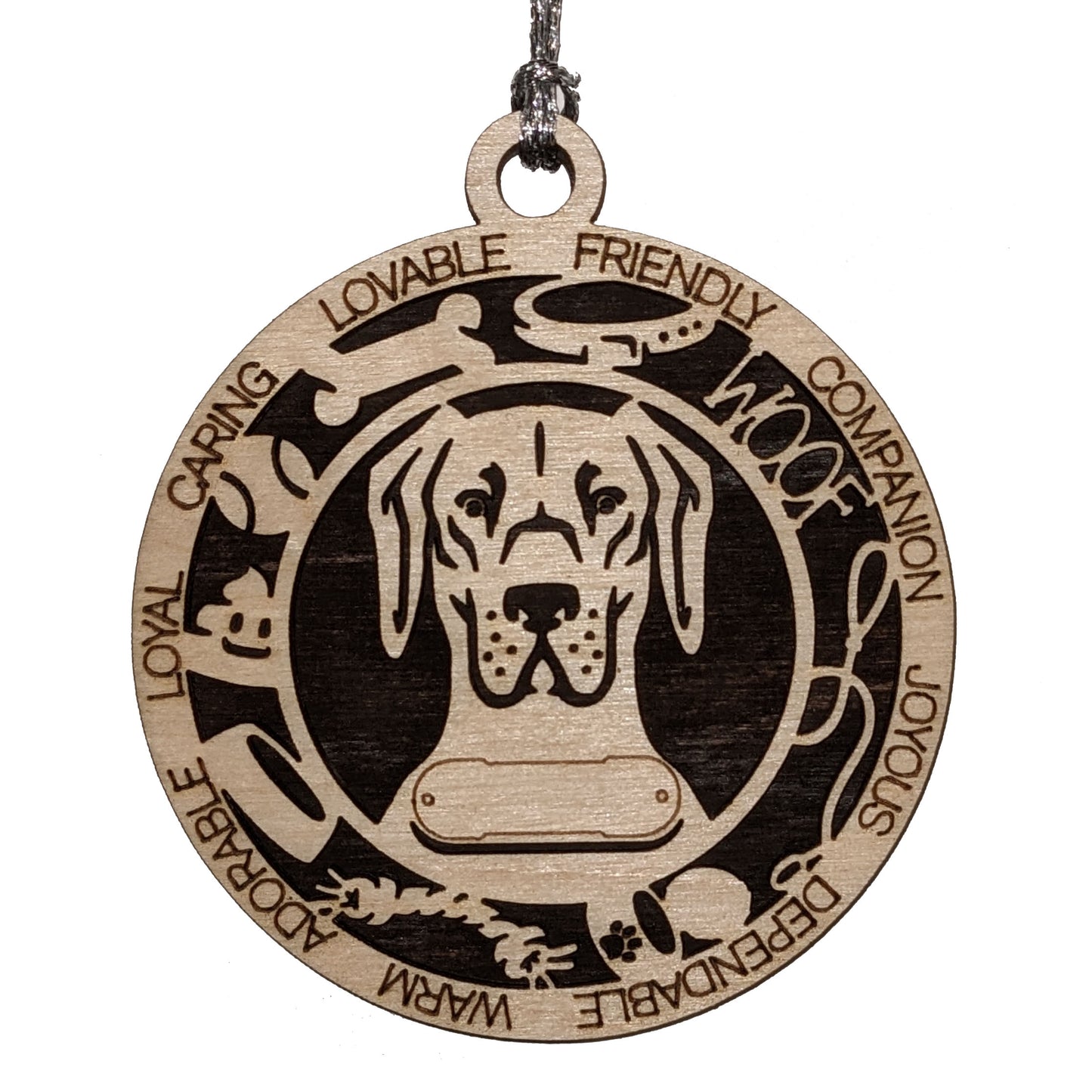 Personalized Great Dane Dog Christmas Ornament, 3" Round, 2-Layer Laser Cut Wood, Customizable Name Tag & Text, Handcrafted in USA, Natural Wood Top, Choice of Colored Background, Uncropped Ears