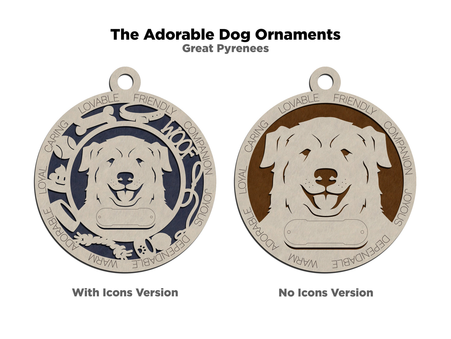 Personalized Great Pyrenees Dog Christmas Ornament, 3" Round, 2-Layer Laser Cut Wood, Customizable Name & Text, Handcrafted in USA, Choose Background Color/Print, Perfect Holiday Gift!