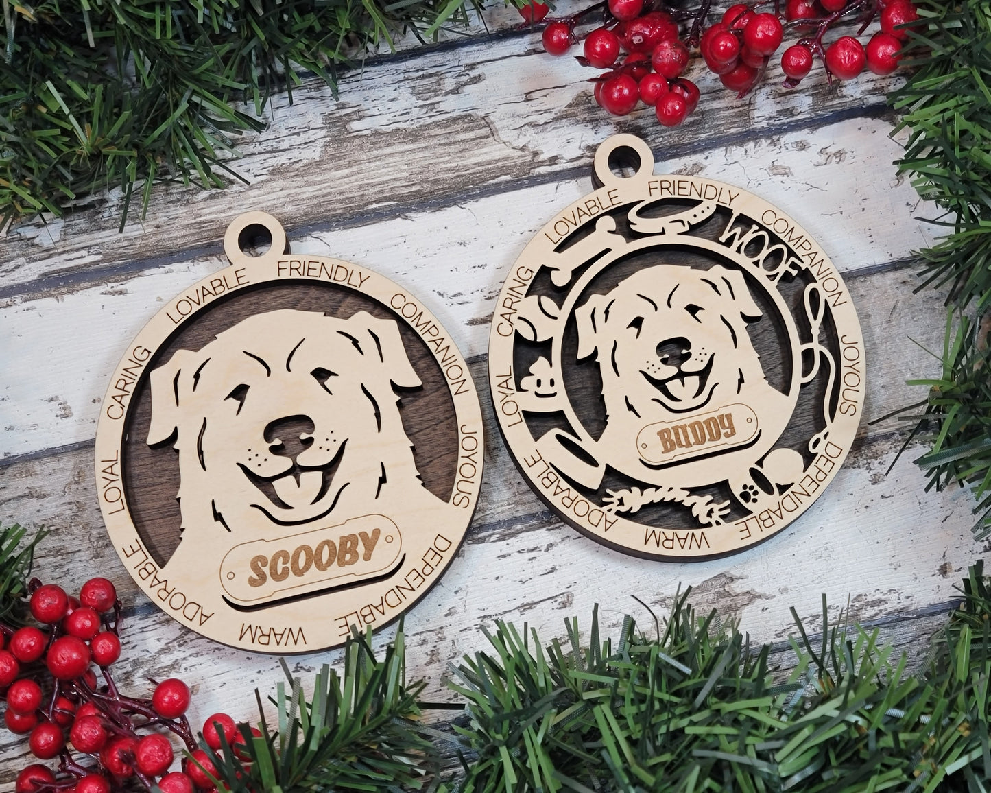 Personalized Great Pyrenees Dog Christmas Ornament, 3" Round, 2-Layer Laser Cut Wood, Customizable Name & Text, Handcrafted in USA, Choose Background Color/Print, Perfect Holiday Gift!