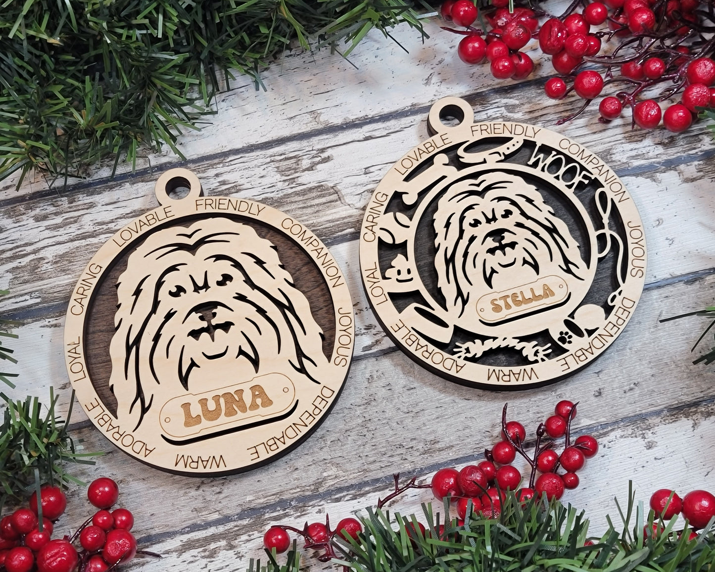 Personalized 3" Round Wooden Havanese Dog Christmas Ornament, 2 Layer Laser Cut, Customizable Name Tag & Text, Handcrafted in USA, Choose Colorful Background, Perfect Holiday Gift for Pet Lovers