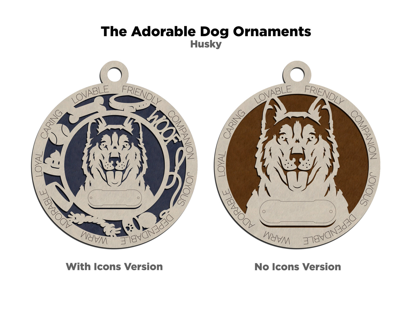 Personalized Husky Dog Christmas Ornament, 3" Round, 2-Layer Laser Cut Wood, Customizable Name & Text, Handcrafted in USA, Natural Wood Top, Choice of Colored Background, Perfect Holiday Gift!