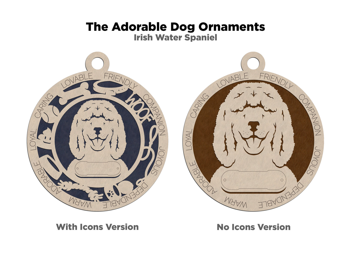 Personalized Irish Water Spaniel Dog Christmas Ornament, 3" Round, 2-Layer Laser Cut Wood, Customizable Name Tag & Text, Handcrafted in USA, Choose Background Color or Print, Perfect Gift!