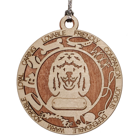 Personalized Irish Water Spaniel Dog Christmas Ornament, 3" Round, 2-Layer Laser Cut Wood, Customizable Name Tag & Text, Handcrafted in USA, Choose Background Color or Print, Perfect Gift!