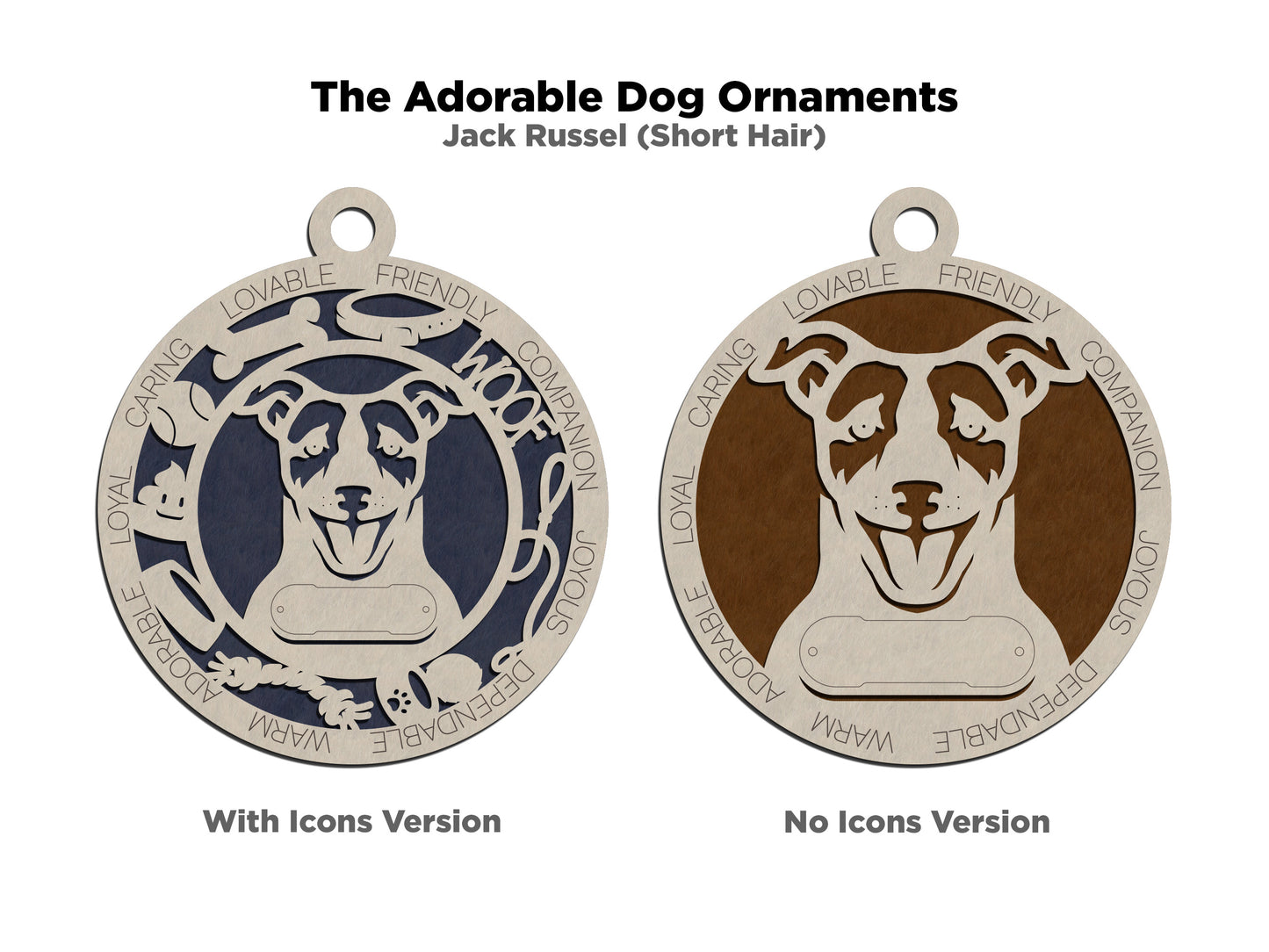 Personalized 3" Round Wooden Dog Christmas Ornament - Short Hair Jack Russell Design - Customizable Name & Text - 2 Layer Laser Cut - Handcrafted in USA - Choose Background Color or Print