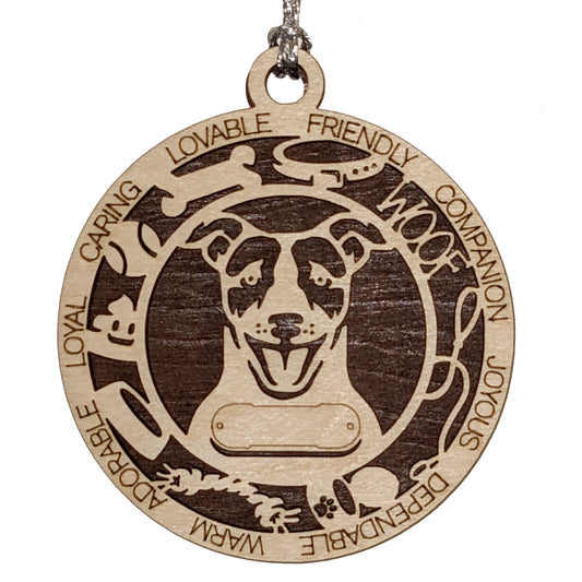 Personalized 3" Round Wooden Dog Christmas Ornament - Short Hair Jack Russell Design - Customizable Name & Text - 2 Layer Laser Cut - Handcrafted in USA - Choose Background Color or Print