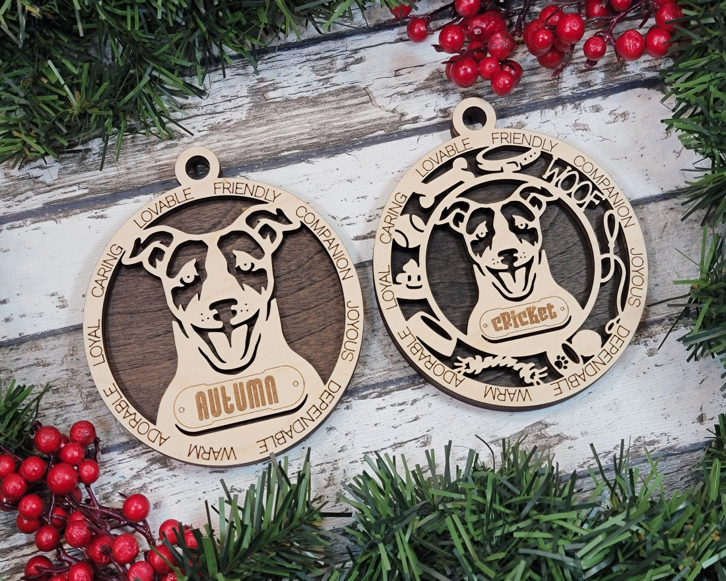 Personalized 3" Round Wooden Dog Christmas Ornament - Short Hair Jack Russell Design - Customizable Name & Text - 2 Layer Laser Cut - Handcrafted in USA - Choose Background Color or Print