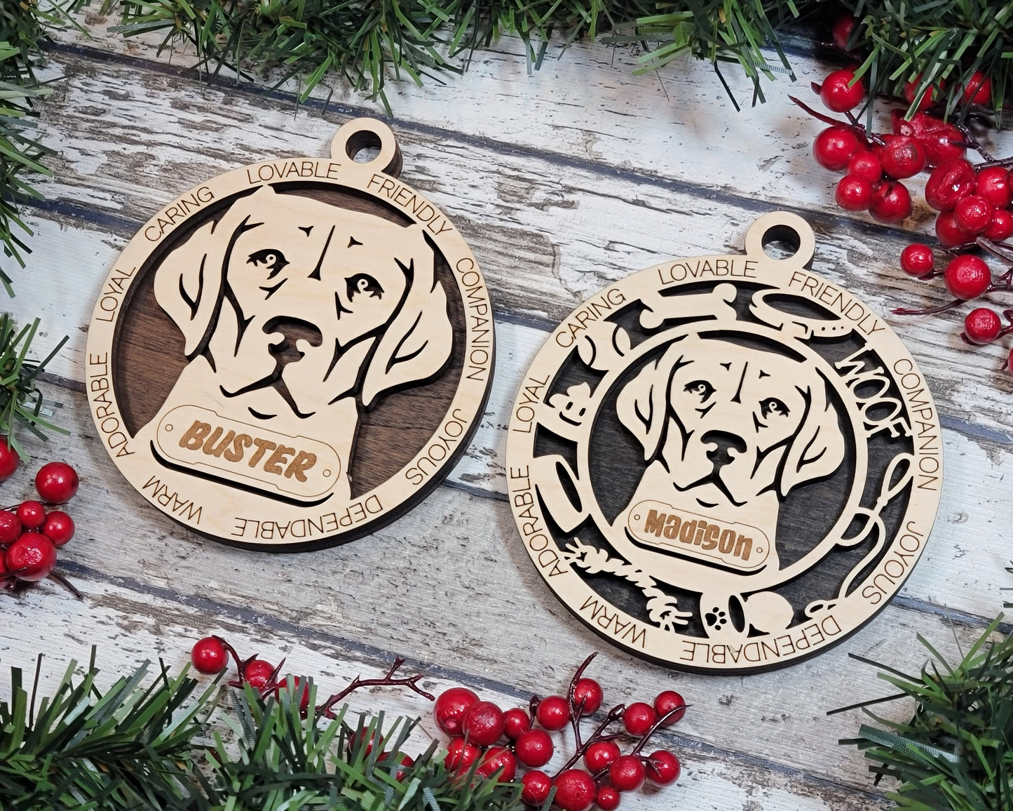 Personalized Labrador Retriever Christmas Ornament - 3" Round, 2-Layer Laser Cut Wood - Custom Dog Name & Text - Handcrafted in USA - Choose Colorful Backgrounds - Perfect Holiday Gift for Pet Lovers