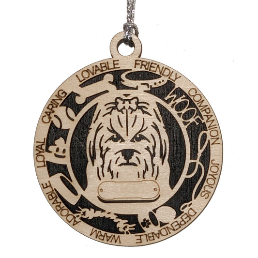 Personalized 3" Round Wooden Long Hair Maltese Dog Christmas Ornament, 2 Layer Laser Cut, Customizable Name Tag & Text, Handcrafted in USA, Natural Wood & Colored Background Options, Pet Lover Gift