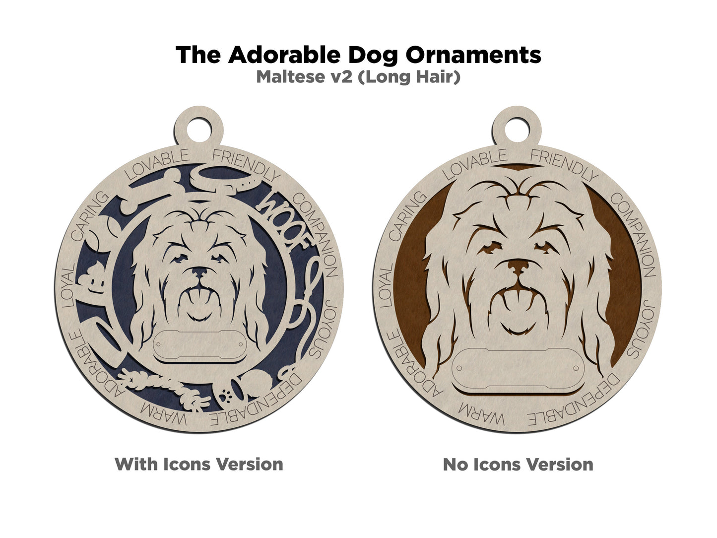 Personalized 3" Round Wooden Long Hair Maltese Dog Christmas Ornament, 2-Layer Laser Cut Design, Customizable Name Tag & Text, Handcrafted in USA, Choose Background Color or Print, Perfect Gift!