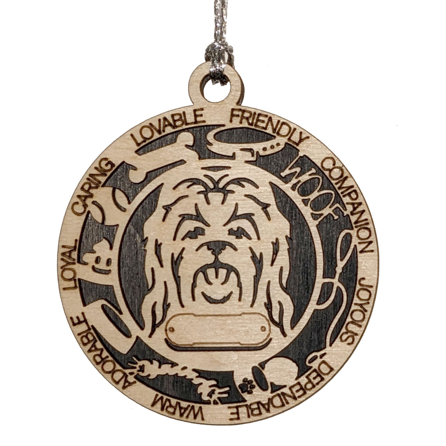 Personalized 3" Round Wooden Long Hair Maltese Dog Christmas Ornament, 2-Layer Laser Cut Design, Customizable Name Tag & Text, Handcrafted in USA, Choose Background Color or Print, Perfect Gift!