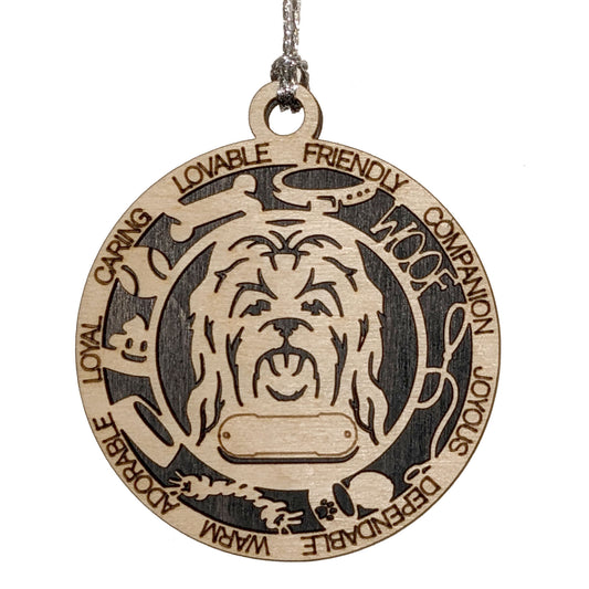 Personalized 3" Round Wooden Long Hair Maltese Dog Christmas Ornament, 2-Layer Laser Cut Design, Customizable Name Tag & Text, Handcrafted in USA, Choose Background Color or Print, Perfect Gift!