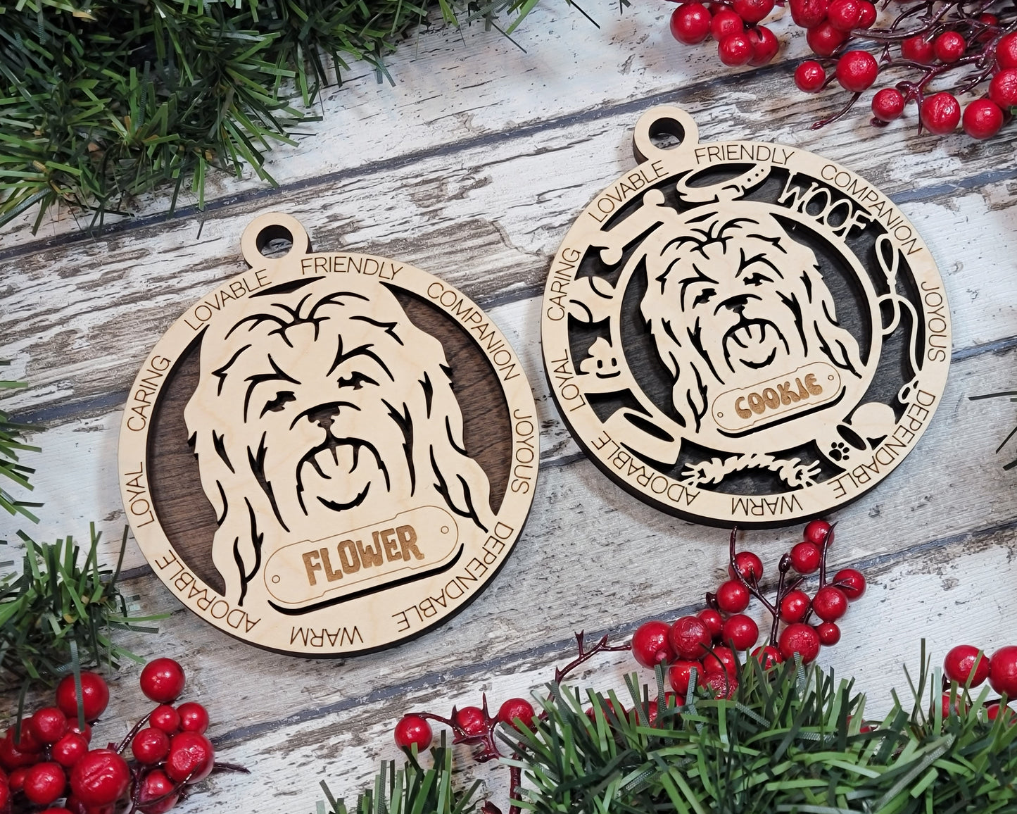 Personalized 3" Round Wooden Long Hair Maltese Dog Christmas Ornament, 2-Layer Laser Cut Design, Customizable Name Tag & Text, Handcrafted in USA, Choose Background Color or Print, Perfect Gift!