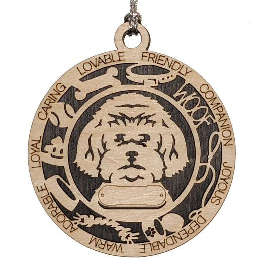 Personalized 3" Round Wooden Maltipoo Dog Christmas Ornament, 2-Layer Laser Cut Design, Customizable Name Tag & Text, Handcrafted in USA, Choose Background Color or Print, Perfect Holiday Gift