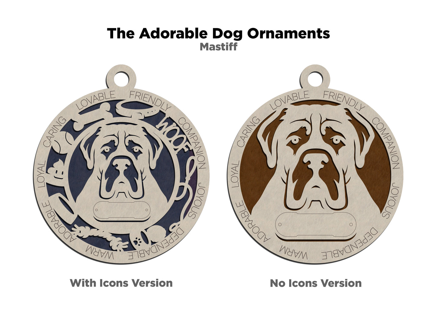 Personalized 3" Round Wooden Mastiff Dog Christmas Ornament - Customizable Name Tag & Text - 2 Layer Laser Cut Design - Natural Wood & Color Options - Handcrafted in USA - Perfect Holiday Gift