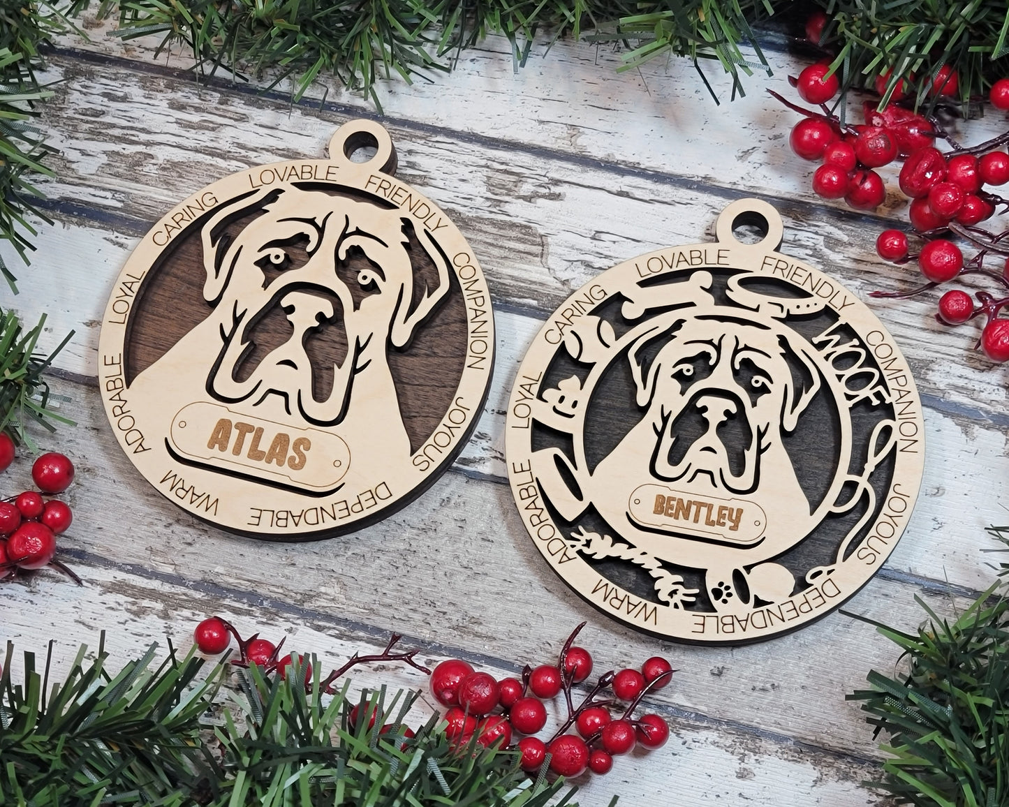 Personalized 3" Round Wooden Mastiff Dog Christmas Ornament - Customizable Name Tag & Text - 2 Layer Laser Cut Design - Natural Wood & Color Options - Handcrafted in USA - Perfect Holiday Gift