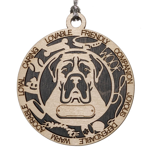 Personalized 3" Round Wooden Mastiff Dog Christmas Ornament - Customizable Name Tag & Text - 2 Layer Laser Cut Design - Natural Wood & Color Options - Handcrafted in USA - Perfect Holiday Gift
