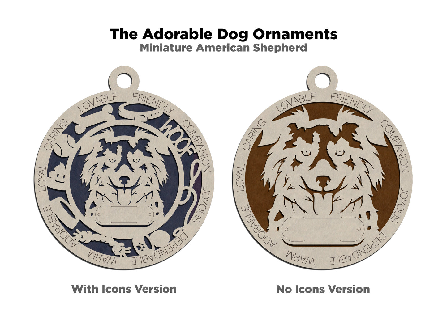 Personalized Miniature American Shepherd Dog Christmas Ornament, 3" Round, 2-Layer Laser Cut Wood, Customizable Name & Text, Handcrafted in USA, Choose Background Color, Perfect Holiday Gift!