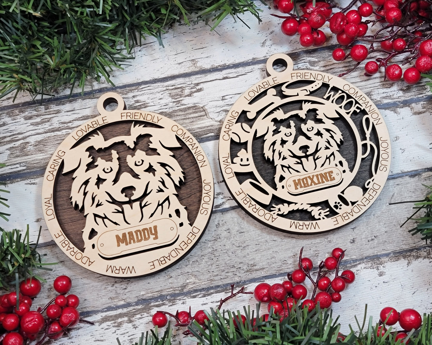 Personalized Miniature American Shepherd Dog Christmas Ornament, 3" Round, 2-Layer Laser Cut Wood, Customizable Name & Text, Handcrafted in USA, Choose Background Color, Perfect Holiday Gift!