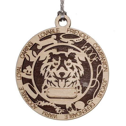 Personalized Miniature American Shepherd Dog Christmas Ornament, 3" Round, 2-Layer Laser Cut Wood, Customizable Name & Text, Handcrafted in USA, Choose Background Color, Perfect Holiday Gift!