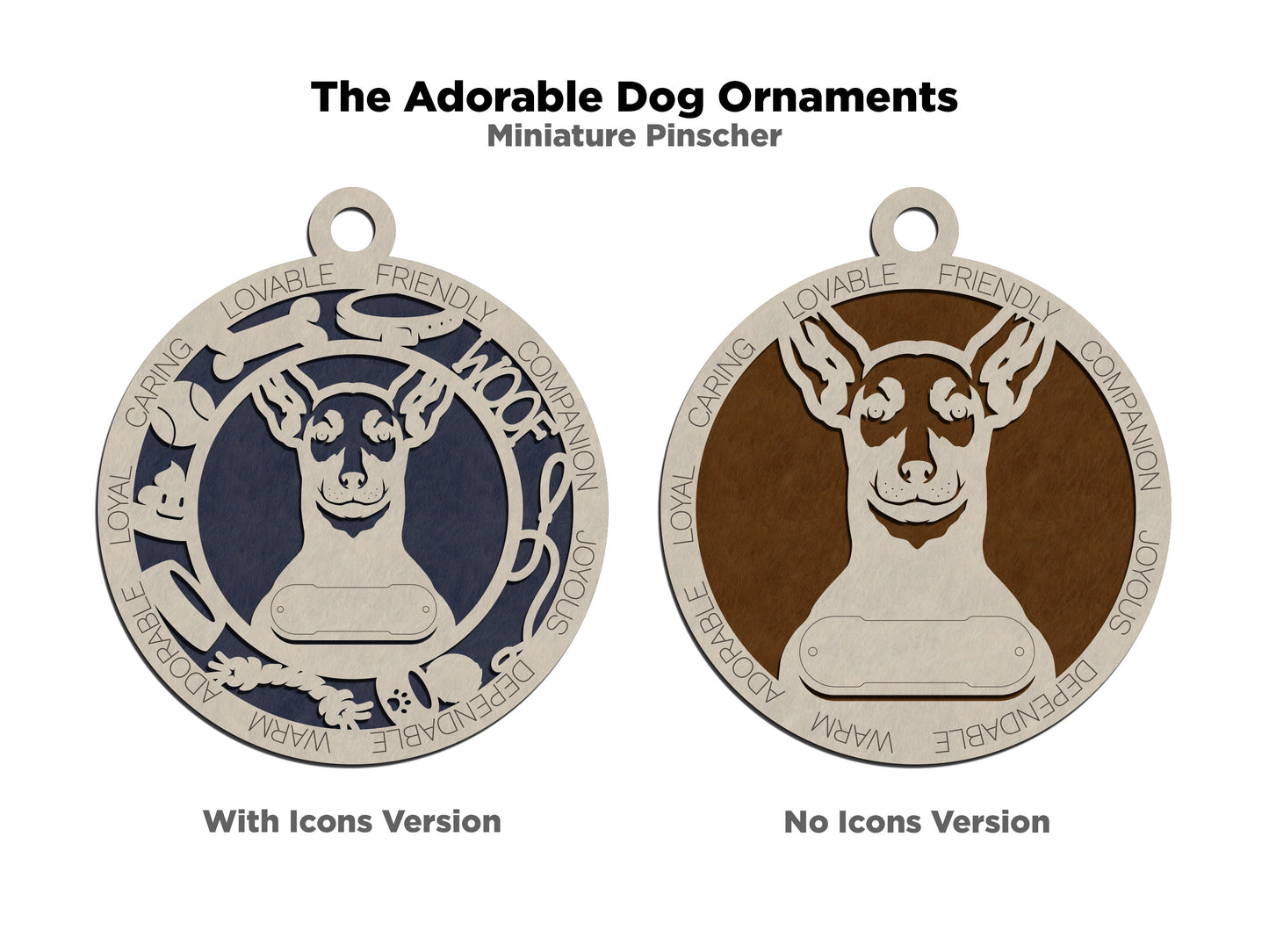 Personalized Miniature Pinscher Dog Christmas Ornament - 3" Round, 2 Layer Laser Cut Wood - Customizable Name & Text - Handcrafted in USA - Choose Background Color/Print - Perfect Gift for Dog Lovers