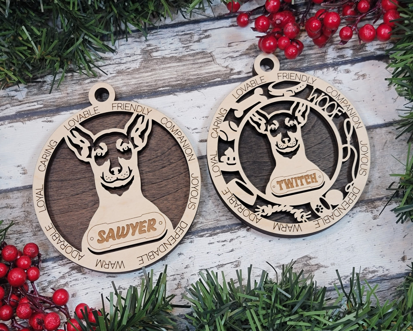 Personalized Miniature Pinscher Dog Christmas Ornament - 3" Round, 2 Layer Laser Cut Wood - Customizable Name & Text - Handcrafted in USA - Choose Background Color/Print - Perfect Gift for Dog Lovers