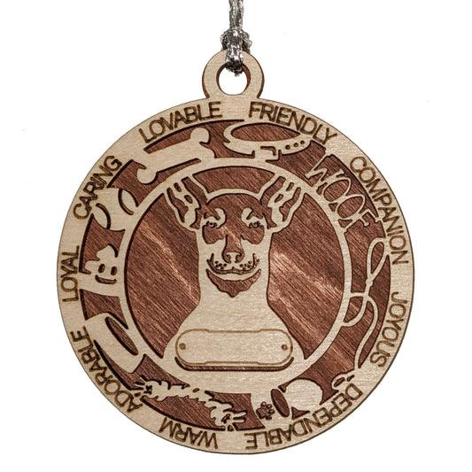 Personalized Miniature Pinscher Dog Christmas Ornament - 3" Round, 2 Layer Laser Cut Wood - Customizable Name & Text - Handcrafted in USA - Choose Background Color/Print - Perfect Gift for Dog Lovers