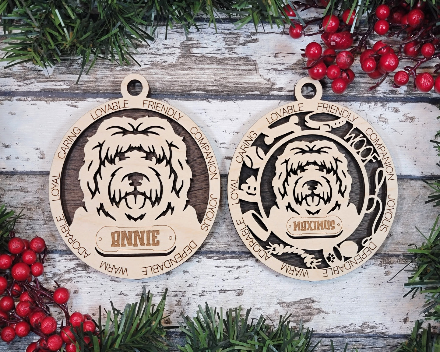 Personalized Old English Sheepdog Christmas Ornament, 3" Round Laser Cut, 2-Layer Wooden Design, Custom Dog Name & Text, Handcrafted in USA, Natural Wood & Color Options, Perfect Holiday Gift
