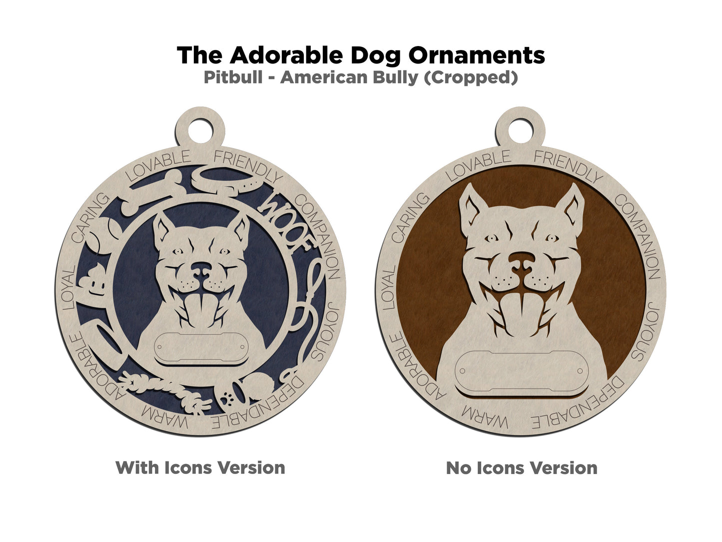 Personalized 3" Round Wooden Dog Christmas Ornament - Pitbull Design with Cropped Ears - Customizable Name & Text - Handcrafted in USA - Choose Background Color - Perfect Holiday Gift!