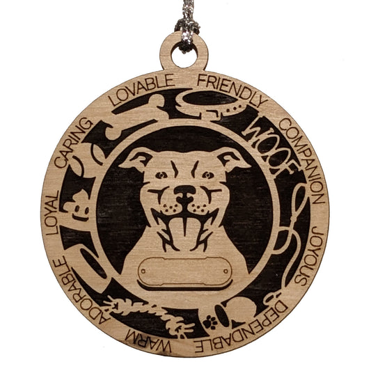 Personalized 3" Round Wooden Pitbull Christmas Ornament - Customizable Dog Name & Text - 2 Layer Laser Cut Design - Natural Wood & Color Options - Handcrafted in USA - Perfect Holiday Gift!