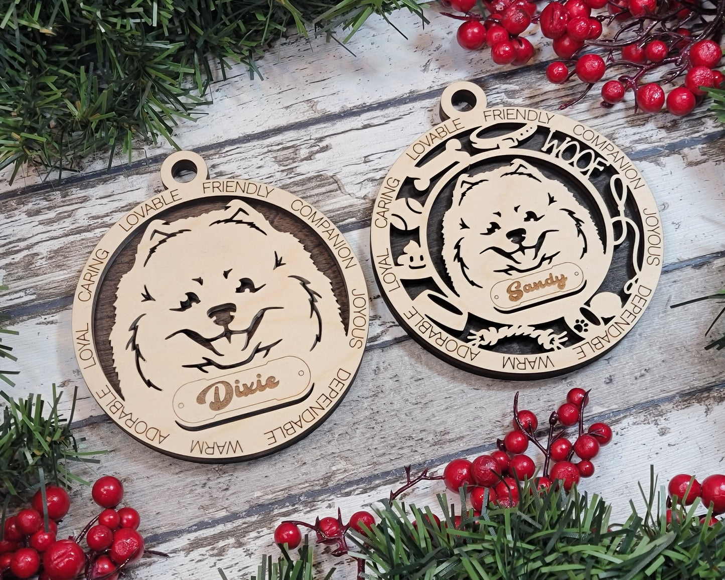 Personalized Pomeranian Dog Christmas Ornament, 3" Round Laser Cut, 2-Layer Wooden Design, Customizable Name Tag & Text, Handcrafted in USA, Natural Wood & Color Options, Perfect Holiday Gift