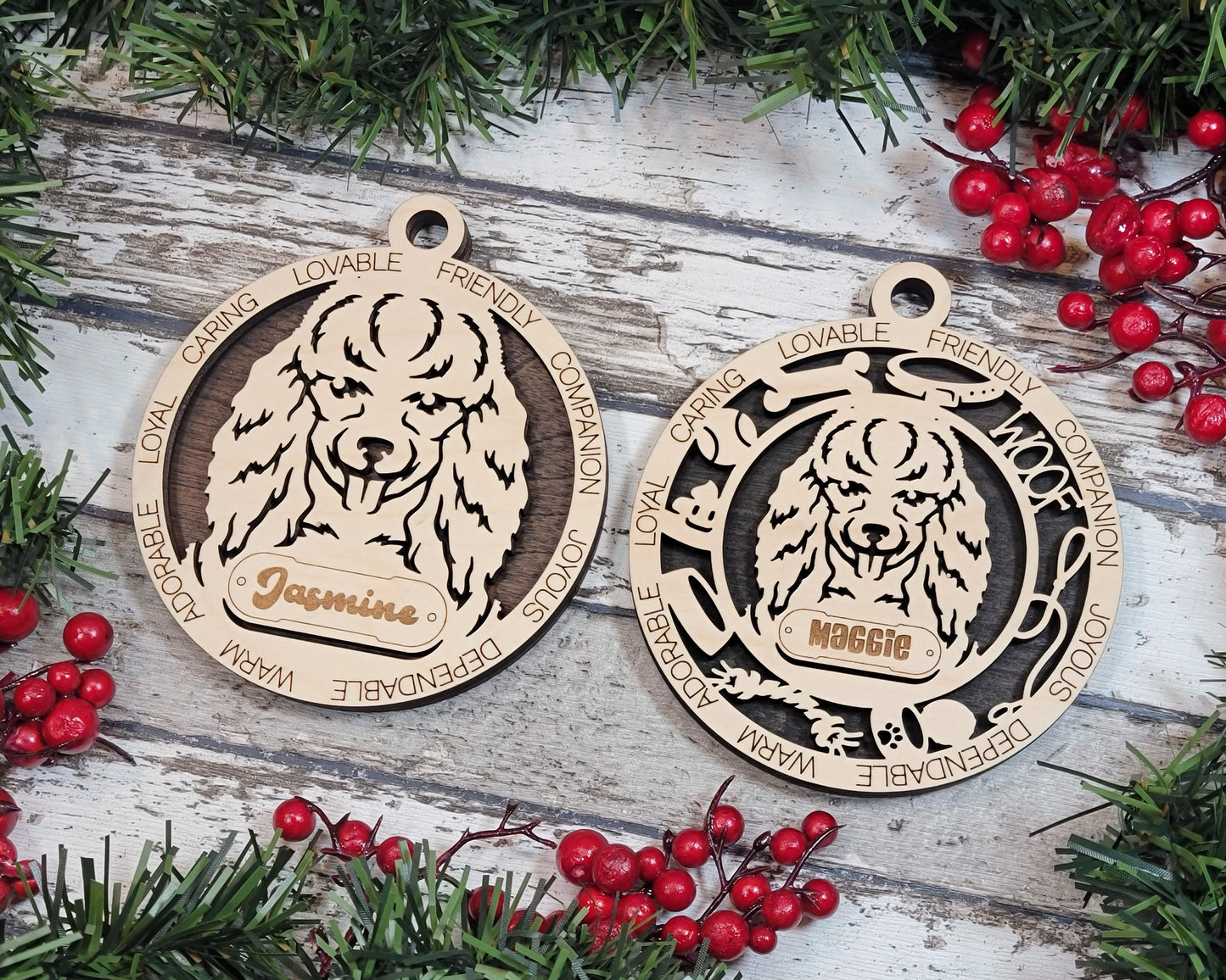 Personalized 3" Round Wooden Poodle Dog Christmas Ornament, 2-Layer Laser Cut Design, Customizable Name Tag & Text, Handcrafted in USA, Choose Colorful Backgrounds, Perfect Holiday Gift!