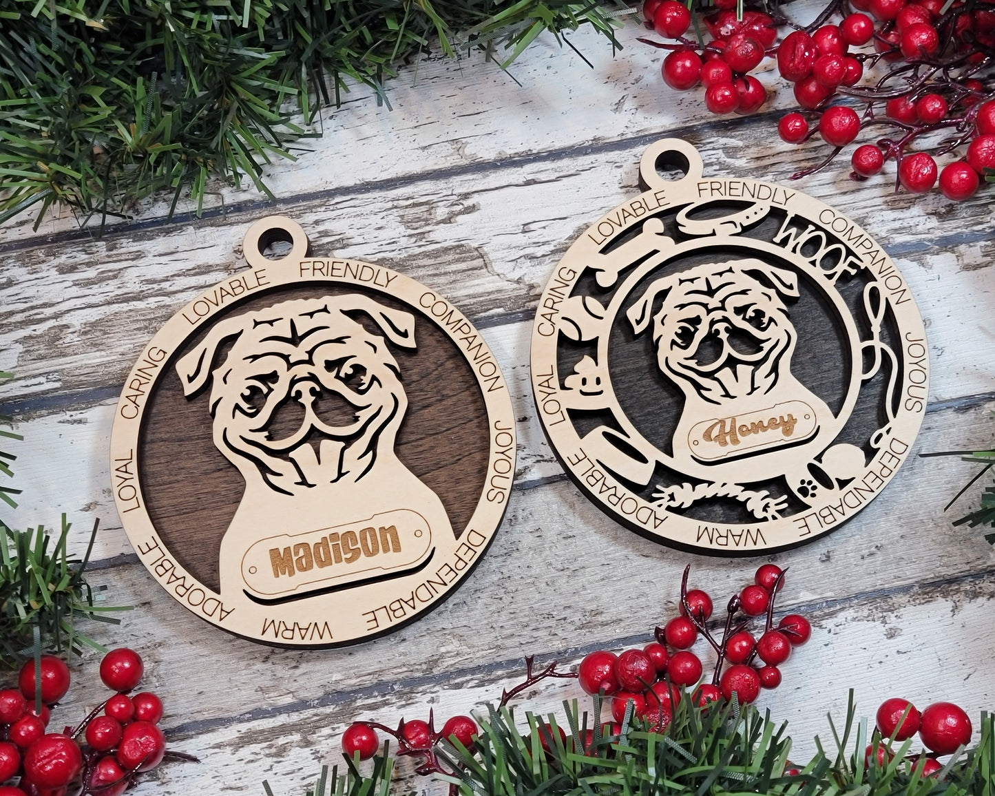 Personalized Puggle Dog Christmas Ornament - 3" Round, 2-Layer Laser Cut Wood - Customizable Name & Text - Handcrafted in USA - Choose Background Color/Print - Perfect Holiday Gift for Dog Lovers