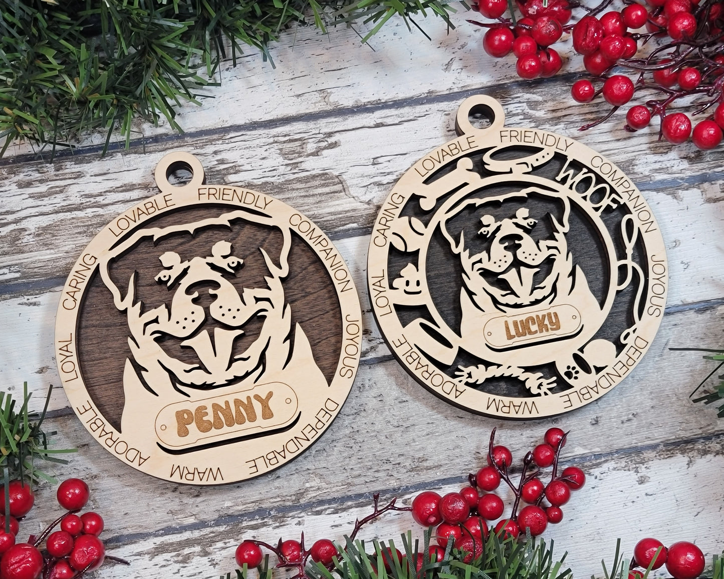 Personalized Rottweiler Dog Christmas Ornament - 3" Round, 2-Layer Laser Cut Wood - Customizable Name & Text - Handcrafted in USA - Choose Background Color/Print - Perfect Holiday Gift!