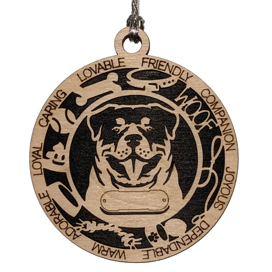 Personalized Rottweiler Dog Christmas Ornament - 3" Round, 2-Layer Laser Cut Wood - Customizable Name & Text - Handcrafted in USA - Choose Background Color/Print - Perfect Holiday Gift!