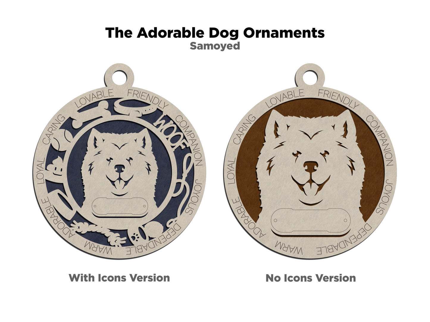 Personalized Samoyed Dog Christmas Ornament - 3" Round, 2-Layer Laser Cut Wood - Customizable Name Tag & Text Border - Handcrafted in USA - Choose Painted Backgrounds or Prints - Perfect Gift!